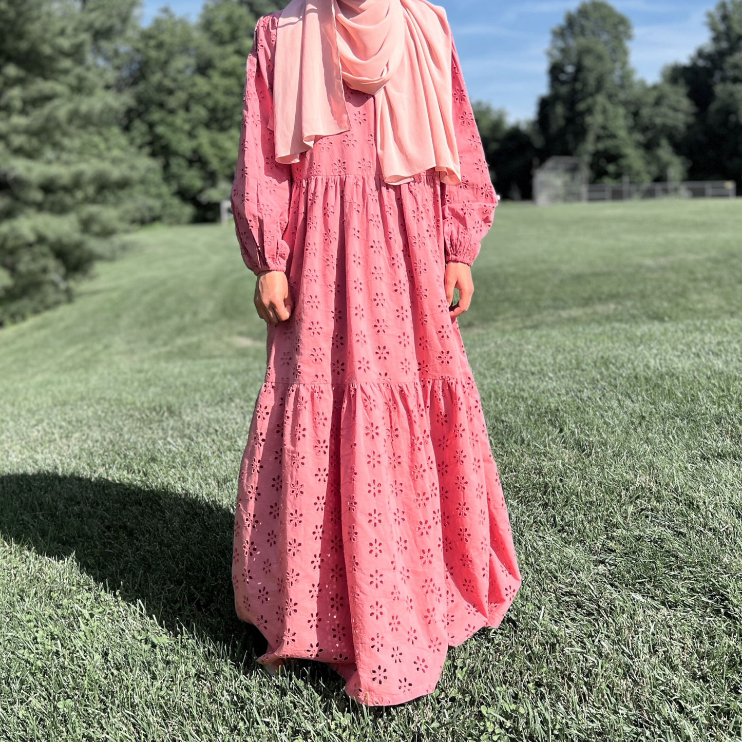 Girl's Long Sleeve Peach Cotton Eyelet Maxi Dress - Fully Lined - Modest Formalwear for Teens & Tweens