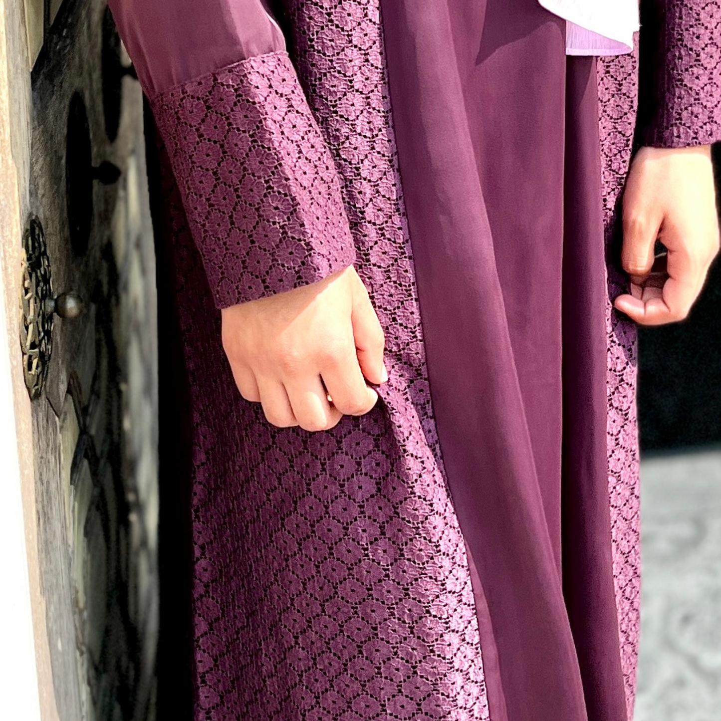 Girls Purple Long Sleeve Satin Lace Maxi Dress Abaya - Modest Formalwear for Teens & Tweens