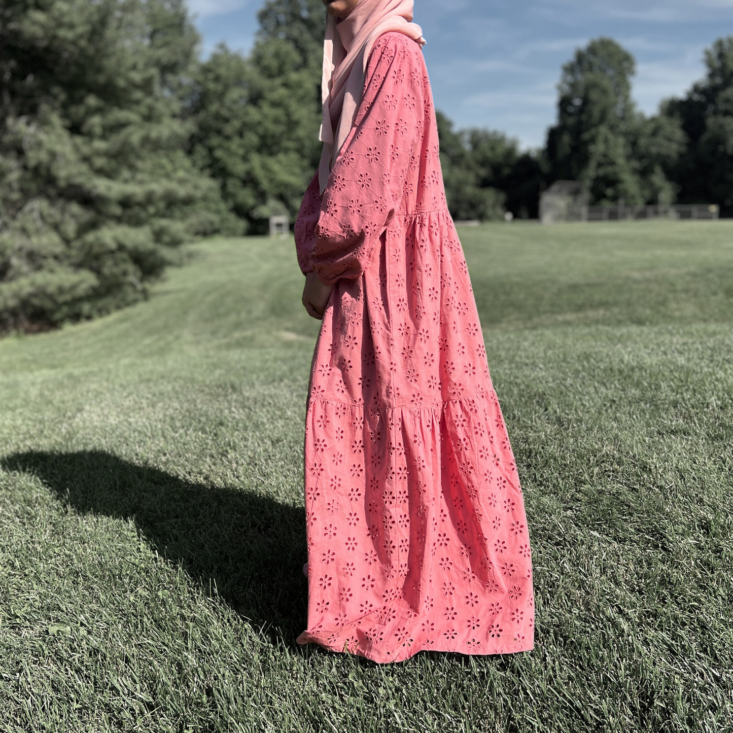 Girl's Long Sleeve Peach Cotton Eyelet Maxi Dress - Fully Lined - Modest Formalwear for Teens & Tweens