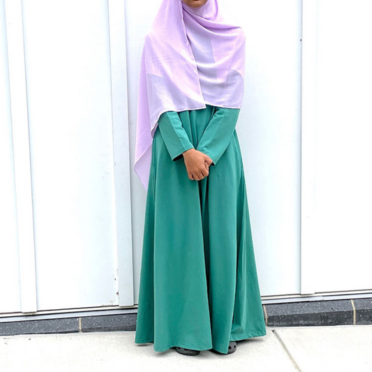 Girls Sea-Green Cotton Jersey Long Sleeve A-Line Maxi Dress Abaya with 2 Pockets- Modest Dressing