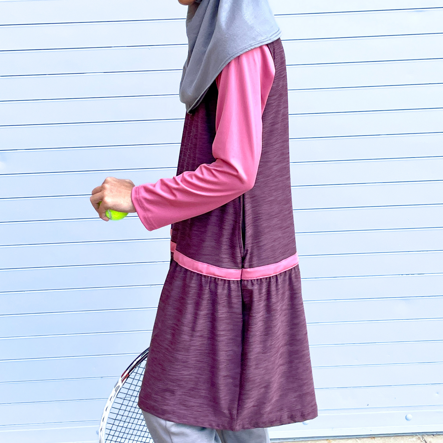 Girls Mauve Pink Long Sleeve Sports Shirt Dress with Pockets - Modest Activewear