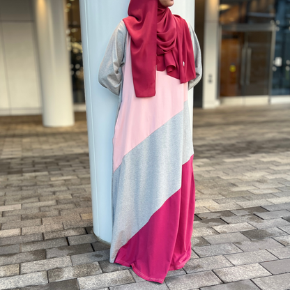 Girls Pink Long Sleeve Cotton Jersey Striped A-line Maxi Dress Abaya w/2 pockets - Modest & Stylish