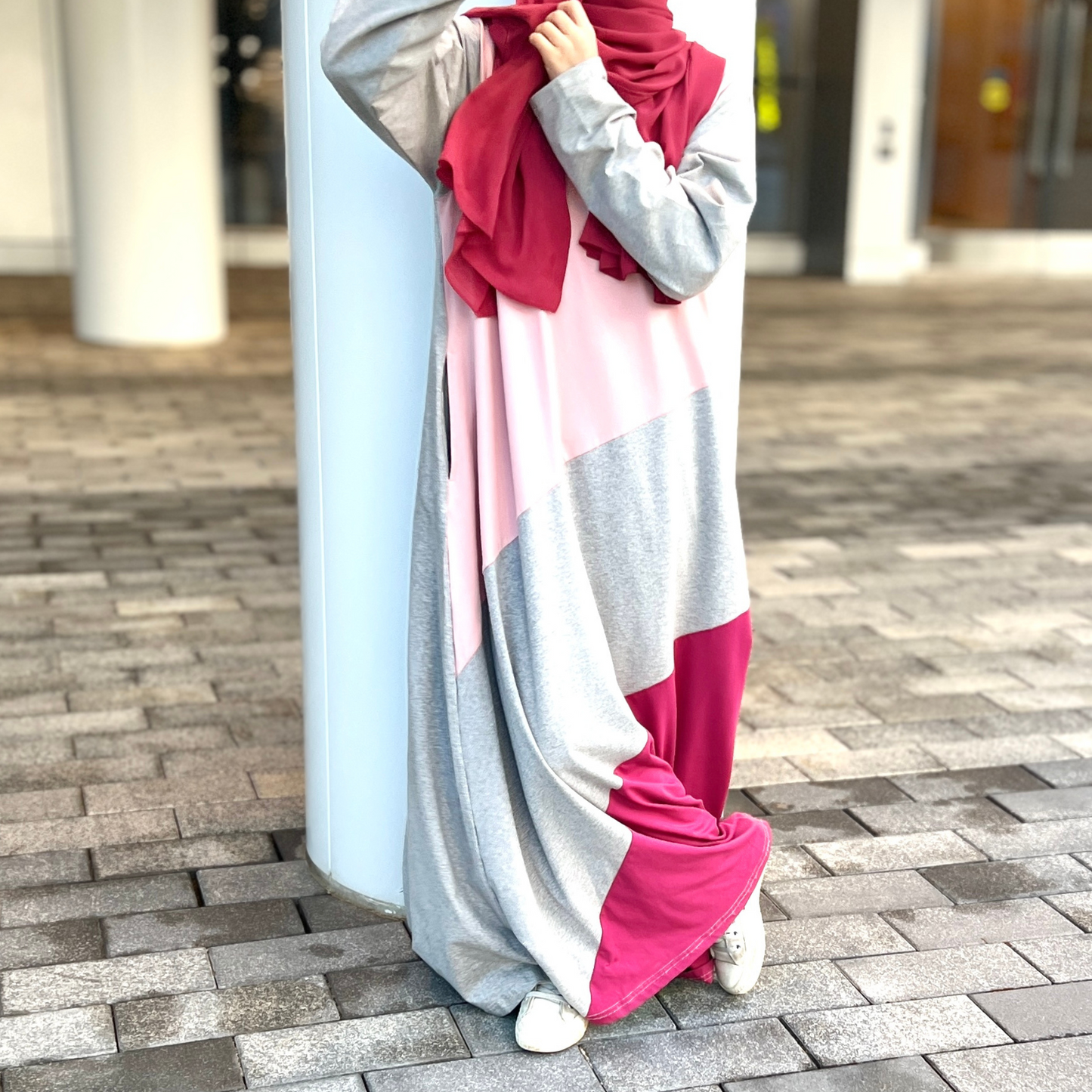 Girls Pink Long Sleeve Cotton Jersey Striped A-line Maxi Dress Abaya w/2 pockets - Modest & Stylish