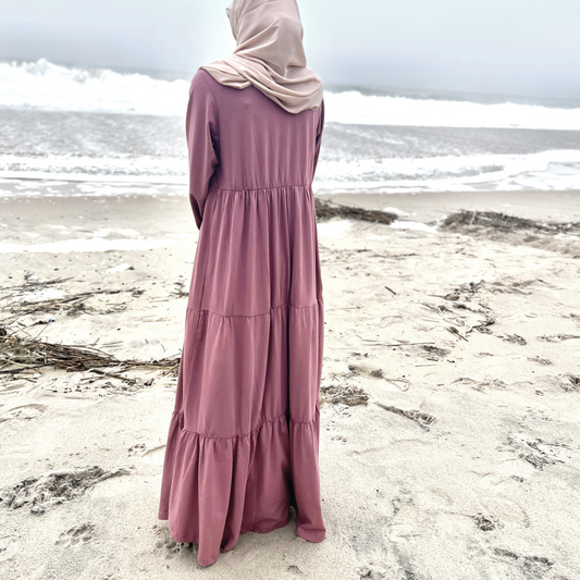 Girls Mauve Pink Long Sleeve Cotton Jersey Tiered Maxi Dress Abaya - Modest Dressing