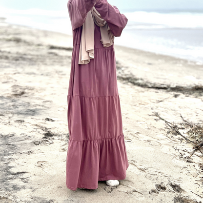 Girls Mauve Pink Long Sleeve Cotton Jersey Tiered Maxi Dress Abaya - Modest Dressing