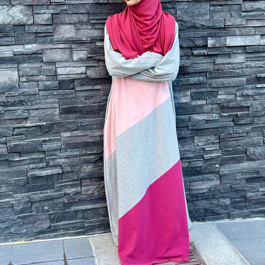 Girls Pink Long Sleeve Cotton Jersey Striped A-line Maxi Dress Abaya w/2 pockets - Modest & Stylish